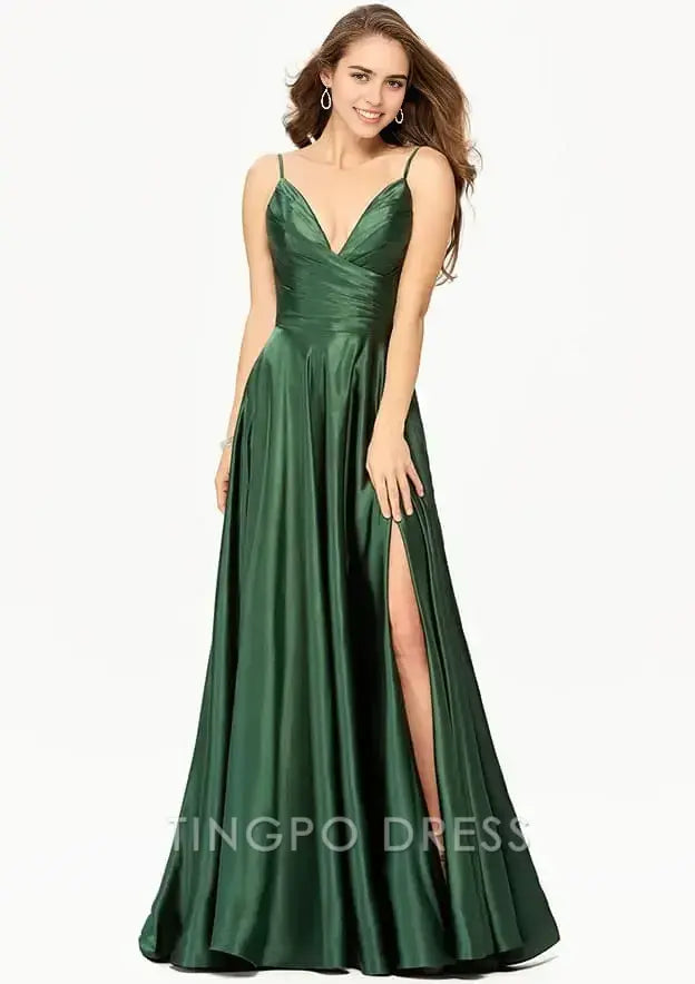 TingPo Wholesale Elegant A-line V Neck Sleeveless Charmeuse Long/Floor-Length Prom Dress With Split Pleated